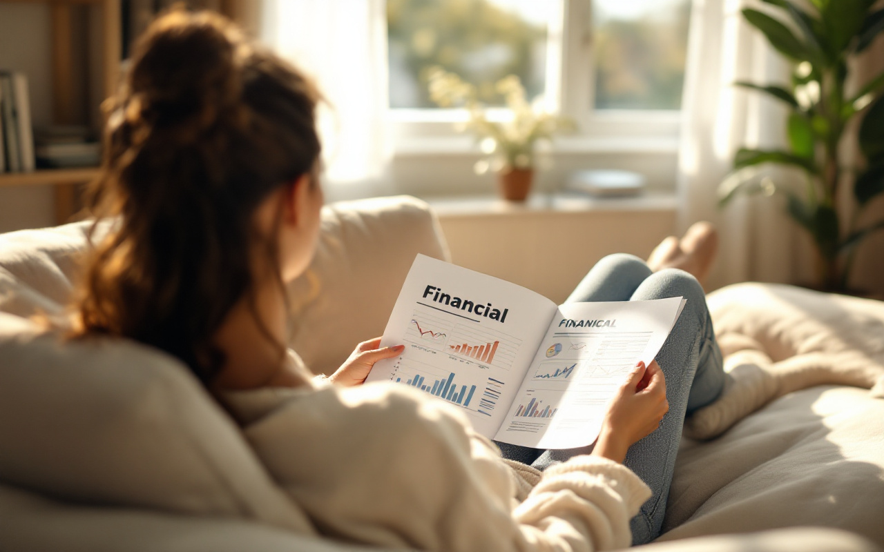 Une personne d&eacute;tendue sur un canap&eacute;, entour&eacute;e de documents financiers, avec des rayons de soleil doux illuminant l'espace, cr&eacute;ant une ambiance tranquille.