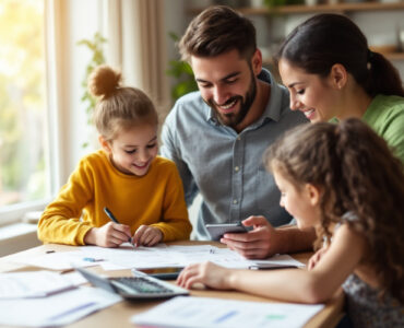 une-session-de-budget-familial-a-la-maison-avec-des-parents-et-des-enfants-rassembles-autour-dune-table-en-bois-echangeant-des-idees-avec-des-papiers-et-une-calculatrice-dans-une-ambiance-cha