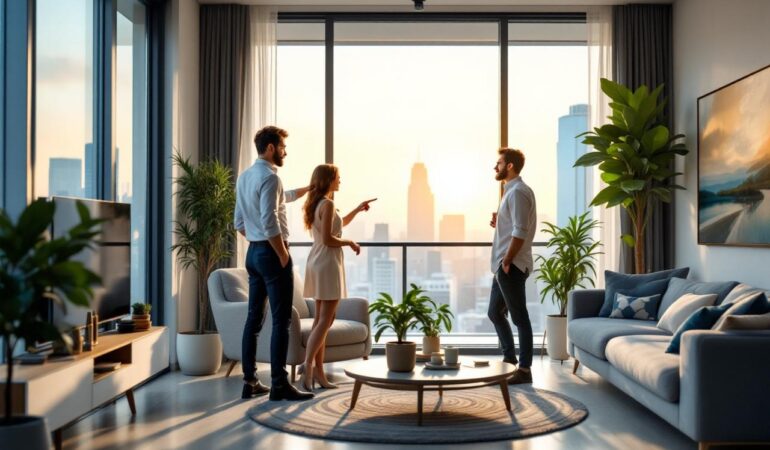 agent-immobilier-montrant-un-appartement-moderne-a-deux-acheteurs-interieur-lumineux-avec-salon-ouvert-grandes-fenetres-donnant-sur-la-ville-mobilier-soigne-plantes-en-pot-et-objets-de-decora