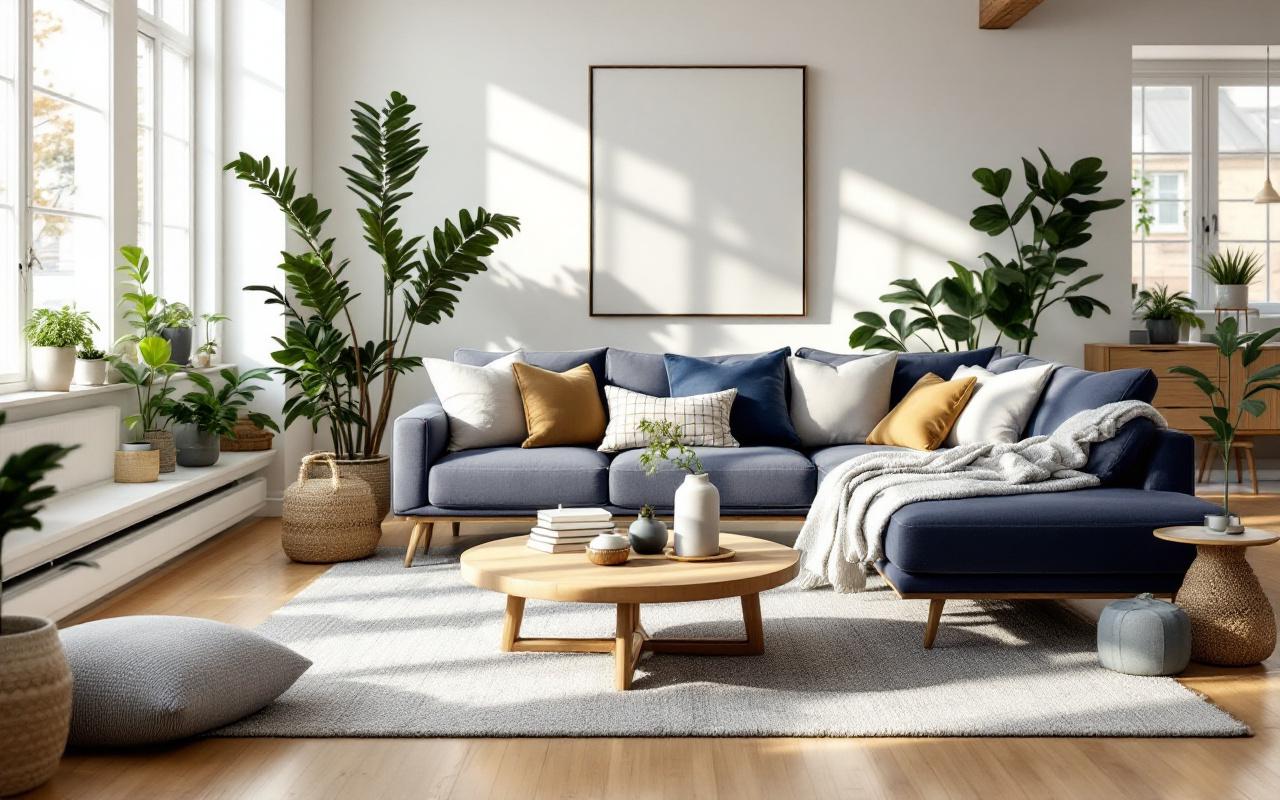 Salon mis en sc&egrave;ne dans un appartement ouvert, canap&eacute; moderne avec coussins, table basse en bois, tapis, plantes en pot et objets d&eacute;coratifs choisis, baign&eacute; d'une douce lumi&egrave;re naturelle cr&eacute;ant une ambiance chaleureuse aux tons bleus, verts et neutres.
