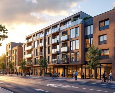 Façade moderne d'une nouvelle résidence d'appartements à Vannes près de la gare, vue de la rue avec passants et vélos, lumière chaude de coucher de soleil filtrant en rayons volumétriques, tons beiges, gris et bleu, ambiance réaliste et naturelle.