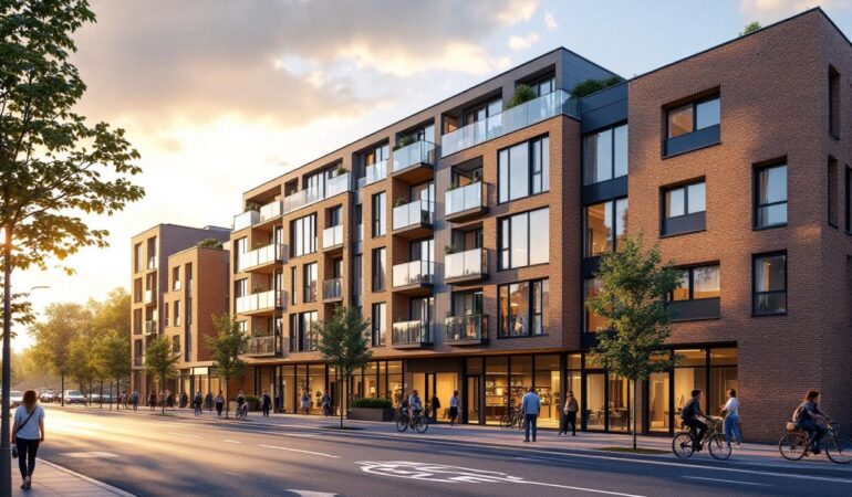 Façade moderne d'une nouvelle résidence d'appartements à Vannes près de la gare, vue de la rue avec passants et vélos, lumière chaude de coucher de soleil filtrant en rayons volumétriques, tons beiges, gris et bleu, ambiance réaliste et naturelle.