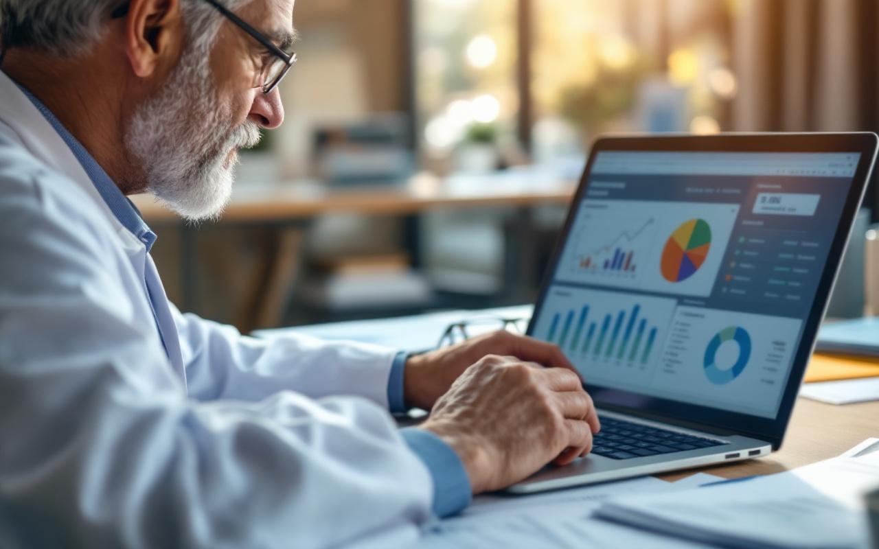 Médecin en blouse blanche examinant des graphiques d'épargne-retraite sur l'écran d'un ordinateur portable, assis à un bureau de bureau lumineux avec papiers et lunettes à côté, lumière douce et naturelle entrant par la fenêtre.