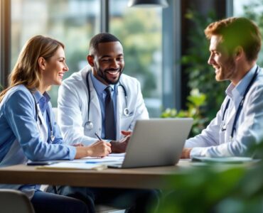 Professionnel de santé indépendant rencontrant un conseiller financier dans un bureau moderne, assis à une table avec ordinateur portable et dossiers, échange sérieux et naturel, lumière volumétrique douce du matin, tons beiges et bleus.