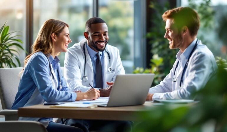 Professionnel de santé indépendant rencontrant un conseiller financier dans un bureau moderne, assis à une table avec ordinateur portable et dossiers, échange sérieux et naturel, lumière volumétrique douce du matin, tons beiges et bleus.