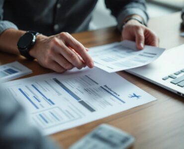 Un responsable financier examine des notes de frais et un contrat d’assurance voyage d’affaires sur un bureau d’entreprise, avec une lumière naturelle douce et un rendu photographique réaliste.