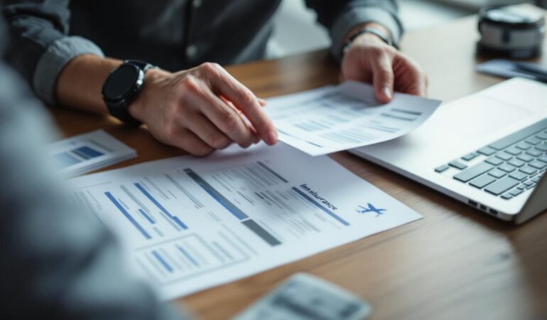 Un responsable financier examine des notes de frais et un contrat d’assurance voyage d’affaires sur un bureau d’entreprise, avec une lumière naturelle douce et un rendu photographique réaliste.