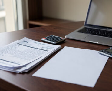 Dossier de crédit et document administratif vierge posés sur un bureau, avec une calculatrice et un ordinateur portable dans une ambiance bancaire sobre.