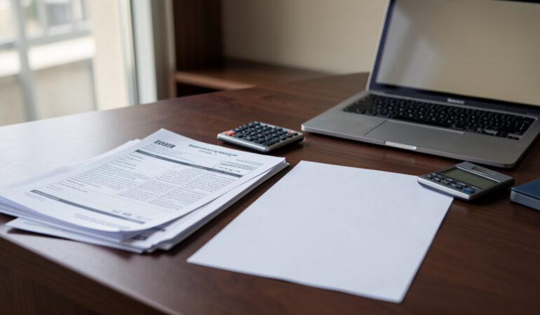 Dossier de crédit et document administratif vierge posés sur un bureau, avec une calculatrice et un ordinateur portable dans une ambiance bancaire sobre.