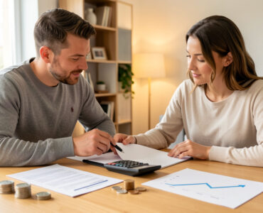 Un homme et une femme étudient ensemble un plan de financement immobilier autour d’une table avec une calculatrice, des documents bancaires vierges et un graphique sans annotations.