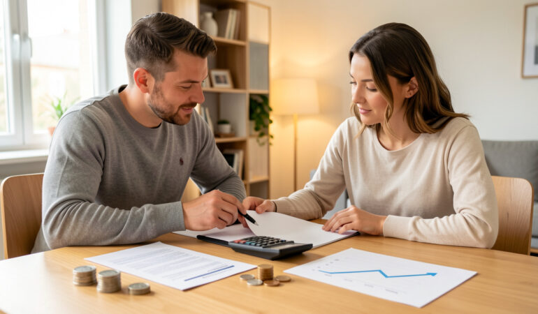 Un homme et une femme étudient ensemble un plan de financement immobilier autour d’une table avec une calculatrice, des documents bancaires vierges et un graphique sans annotations.