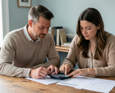 Un homme et une femme examinent ensemble une calculatrice, des documents de prêt immobilier vierges et un graphique simple sans indication écrite, dans une ambiance réaliste et éditoriale.