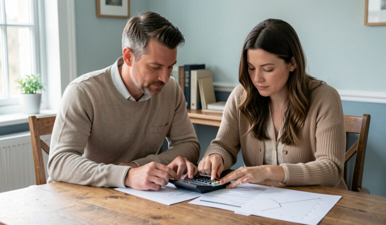 Un homme et une femme examinent ensemble une calculatrice, des documents de prêt immobilier vierges et un graphique simple sans indication écrite, dans une ambiance réaliste et éditoriale.