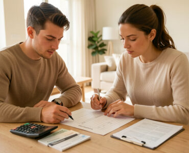 Un homme et une femme primo-accédants examinent un plan de financement immobilier vierge avec une calculatrice et des documents bancaires, dans un appartement lumineux.