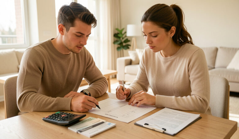 Un homme et une femme primo-accédants examinent un plan de financement immobilier vierge avec une calculatrice et des documents bancaires, dans un appartement lumineux.