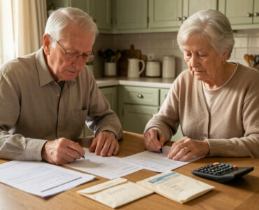 Un couple de retraités, un homme et une femme, calcule son budget à la table de la cuisine avec des documents administratifs vierges et une calculatrice, sous une lumière naturelle.