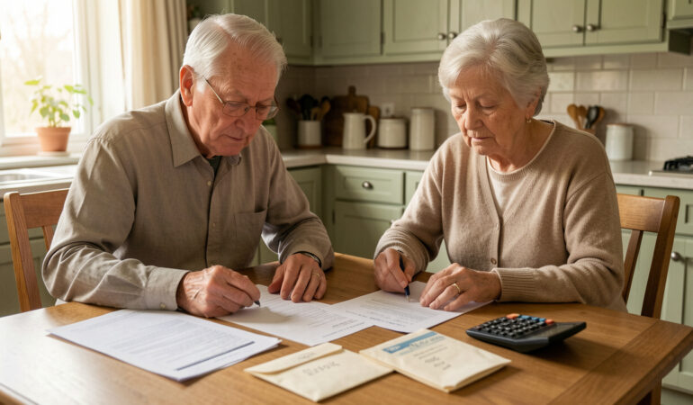 Un couple de retraités, un homme et une femme, calcule son budget à la table de la cuisine avec des documents administratifs vierges et une calculatrice, sous une lumière naturelle.