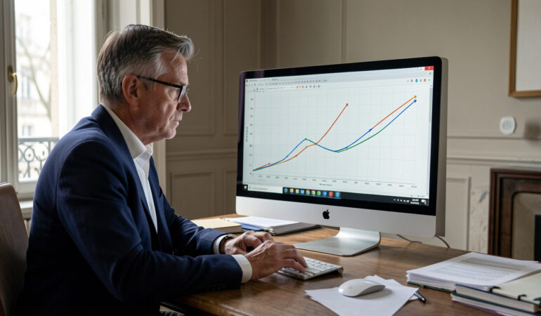 Un économiste analyse des courbes abstraites représentant la croissance, l’inflation et les taux d’intérêt sur un écran, dans un bureau français sobre.