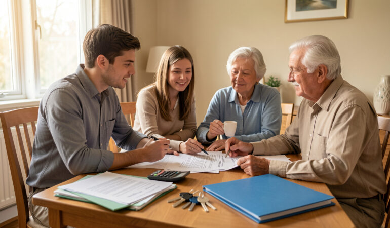 Un jeune couple échange avec ses parents autour d’une table, en examinant des documents immobiliers vierges, une calculatrice et des clés de maison.