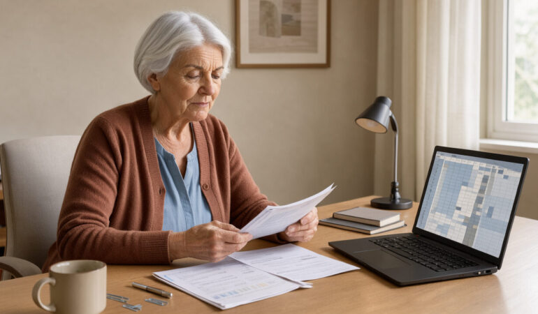 Une femme retraitée consulte des documents financiers sobres à côté d’un ordinateur dans un bureau éclairé par la lumière naturelle.